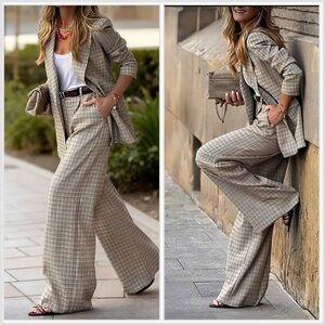 Plaid Wide-Leg Women’s Trousers and Jacket - Beige Plaid
